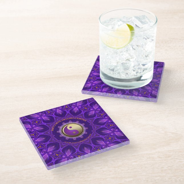 Purple Gold Pink Energy Healing Mandala Glass Coaster (Angled)