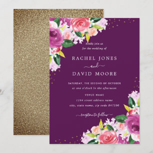 Purple Gold Pink Floral Watercolor Wedding Invite
