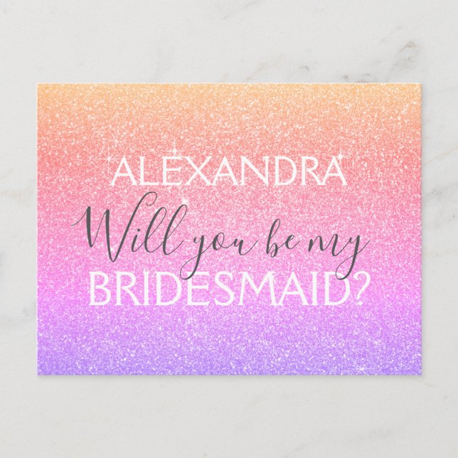 Purple Gold Pink Glitter and Sparkle Bridesmaid Invitation Postcard (Front)