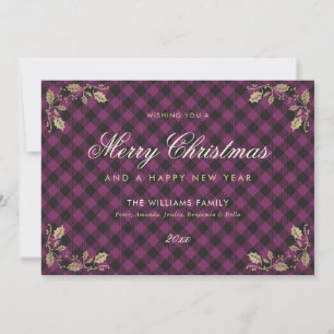 Purple Gold Plaid Christmas Happy New Year Cards