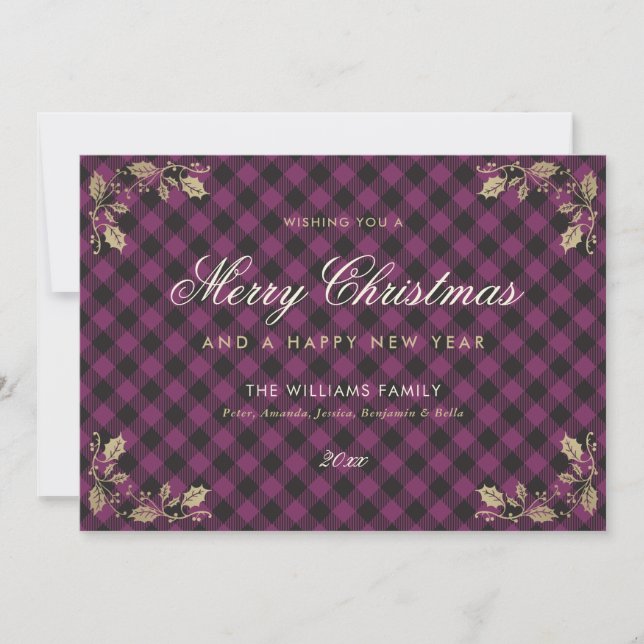Purple Gold Plaid Christmas Happy New Year Cards (Front)