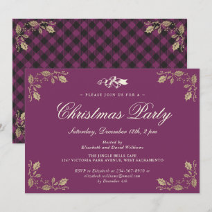 Purple Gold Plaid Christmas Holiday Party Invitation