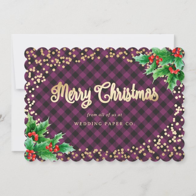 Purple Gold Plaid Holly Business Christmas Cards (Front)