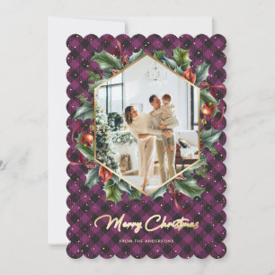 Purple Gold Plaid Holly Photo Merry Christmas Card