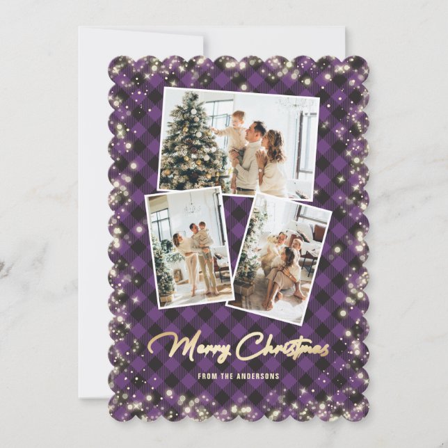 Purple Gold Plaid Photo Collage Merry Christmas Holiday Card (Front)