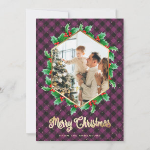 Purple Gold Plaid Snow Watercolor Photo Christmas Holiday Card