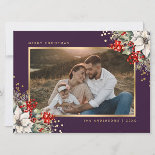 Purple Gold Poinsettia Berries Photo Christmas Holiday Card