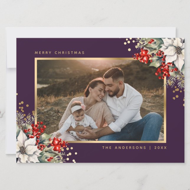 Purple Gold Poinsettia Berries Photo Christmas Holiday Card (Front)