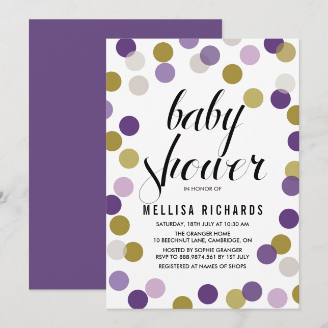 Purple & Gold Polka Dots Confetti Baby Shower Invitation (Front/Back)
