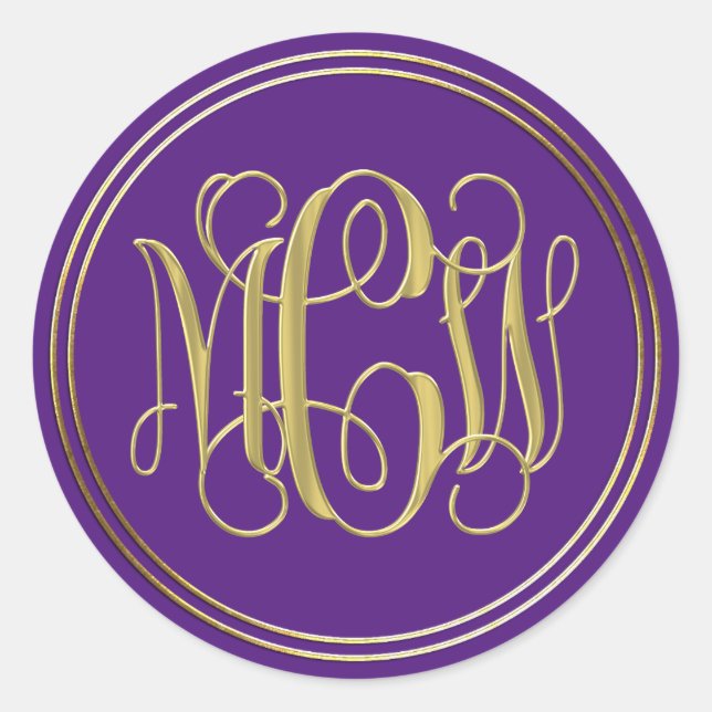 Purple Gold Preppy Vine Script Monogram DIY BG Classic Round Sticker (Front)
