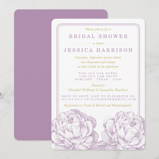Purple & Gold Pretty Peony Floral Bridal Shower Invitation (Front/Back)
