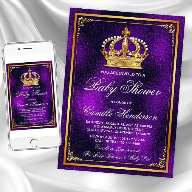 Purple Gold Prince Baby Shower Invitation (Purple gold princess baby shower invitations. Instant download and printed invitations available.)