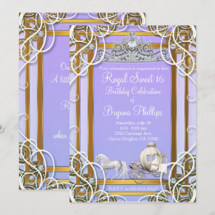 Purple & Gold Princess Crown Carriage Sweet 16 Invitation