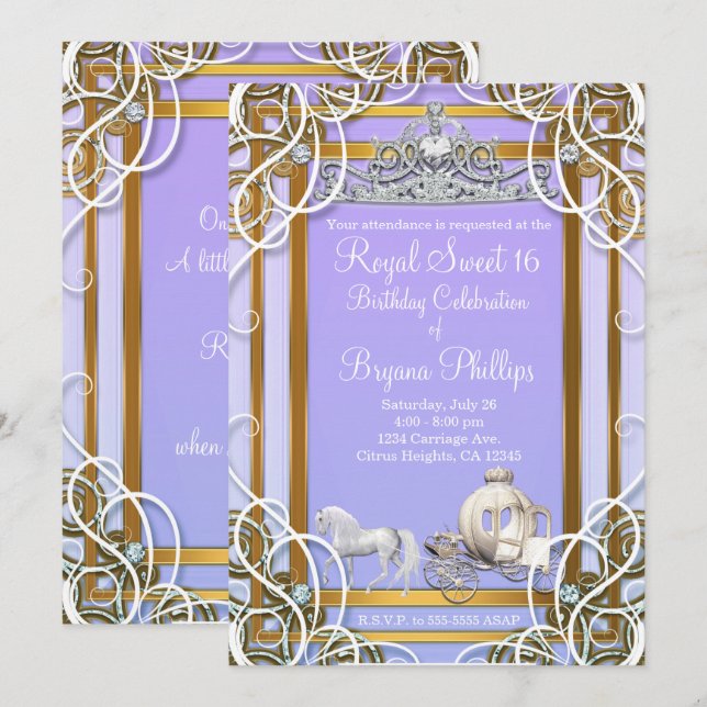 Purple & Gold Princess Crown Carriage Sweet 16 Invitation (Front/Back)