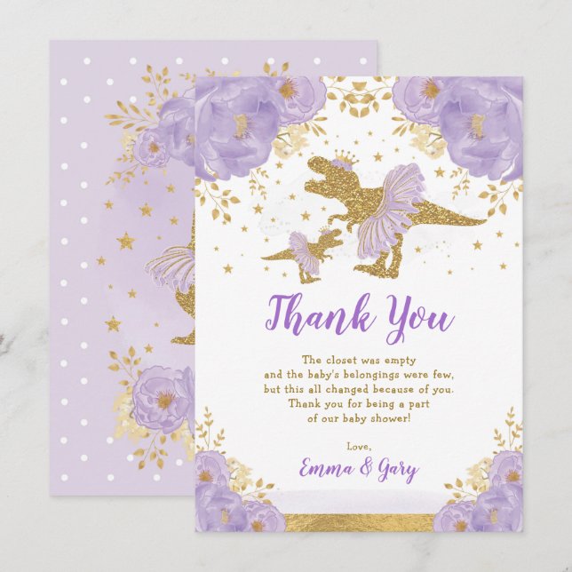 Purple Gold Princess Dinosaur Tutu Tiara Baby Girl Thank You Card (Front/Back)