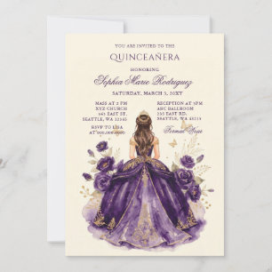 Purple Gold Princess Floral Tiara Quinceañera Invitation