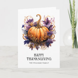 Purple Gold Pumpkin Photo Happy Thanksgiving Card