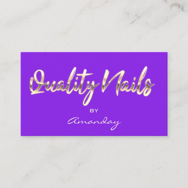 Purple Gold Quality Nails Script QR Code Logo Business Card (Front)