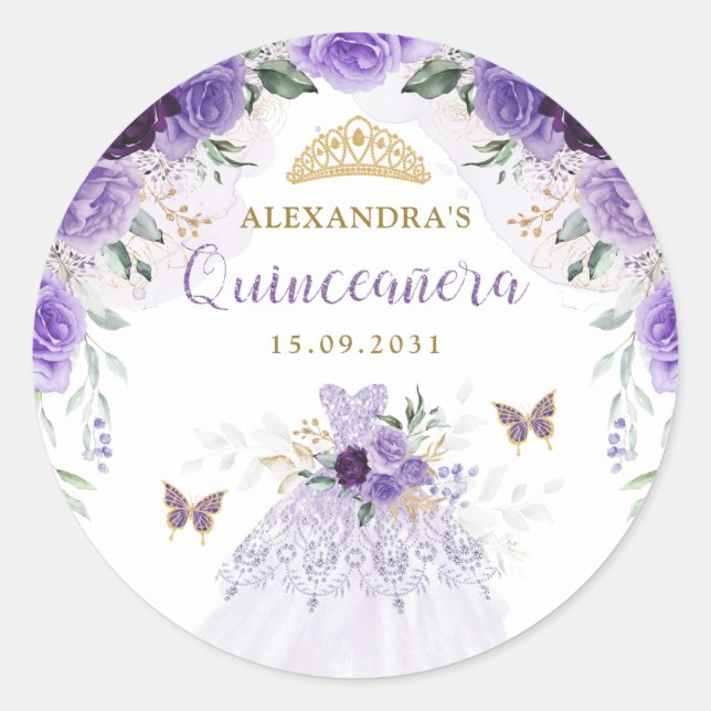 Purple Gold Quinceanera Birthday Party Favours Classic Round Sticker (Front)