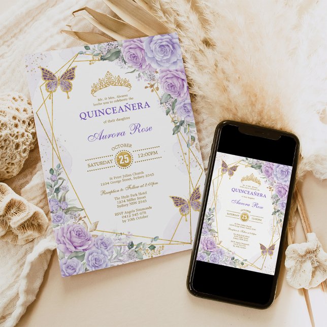 Purple Gold Quinceañera Butterfly Roses Mis Quince Invitation (Creator Uploaded)