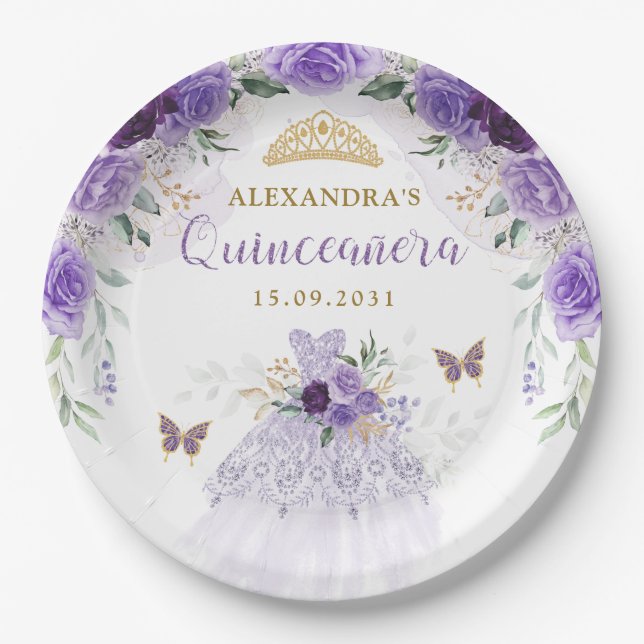 Purple Gold Quinceanera Dress Birthday Butterflies Paper Plate (Front)