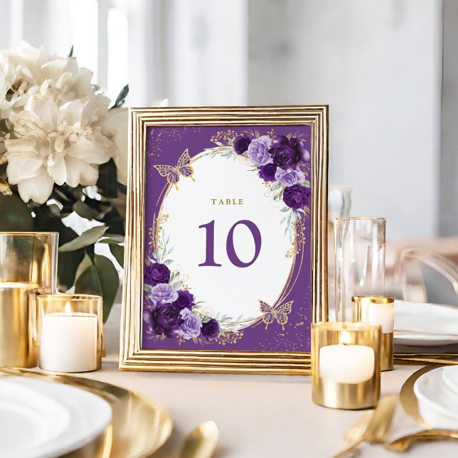 Purple Gold Quinceanera Floral Butterfly Birthday Table Number (Creator Uploaded)