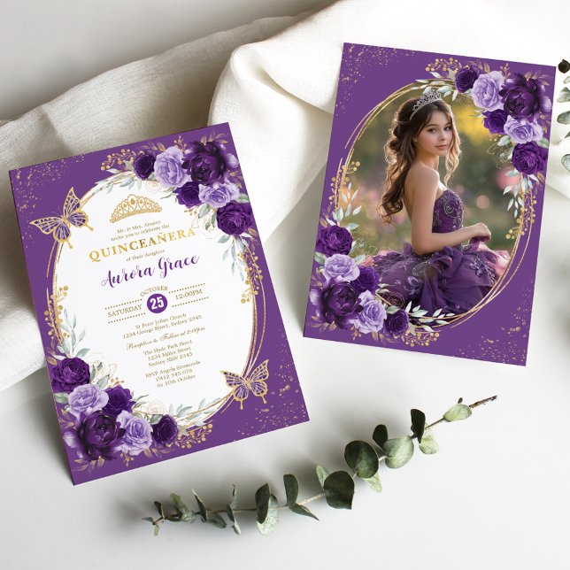 Purple Gold Quinceañera Flower Butterfly Photo Invitation (Creator Uploaded)