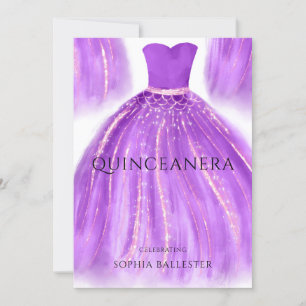 Purple & Gold Quinceanera Mermaid Dress Gown Party Invitation