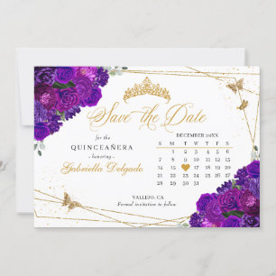 Purple & Gold Quinceañera Save The Date Invitation