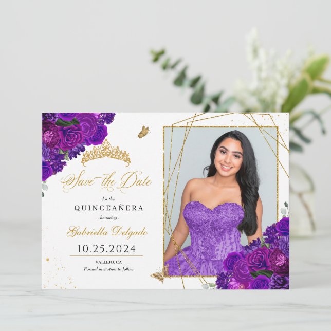 Purple & Gold Quinceañera Save The Date Photo Invitation (Standing Front)