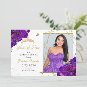 Purple & Gold Quinceañera Save The Date Photo Invitation