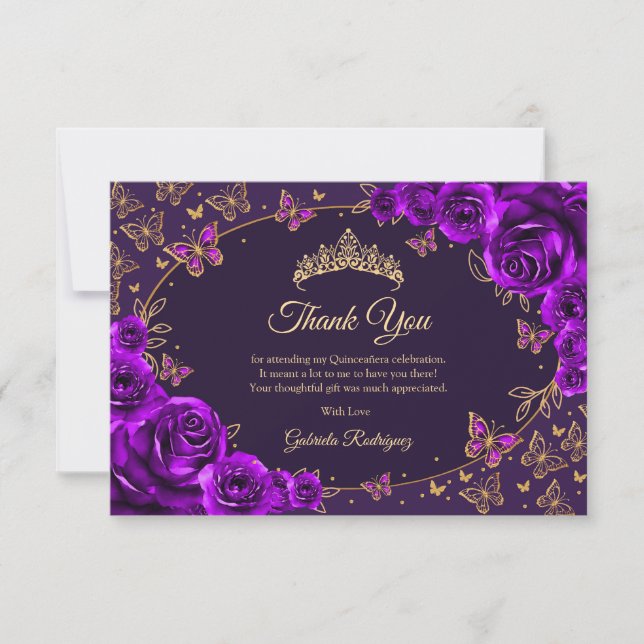 Purple Gold Quinceanera Thank You Card (Front)