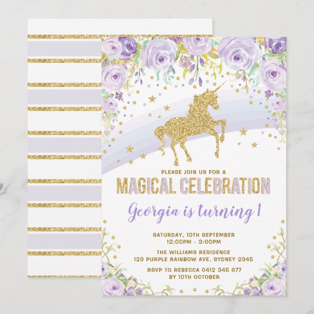 Purple Gold Rainbow Unicorn Birthday Party Invitation (Front/Back)
