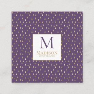 Purple Gold Raindrop Modern Trendy Monogram Square Business Card