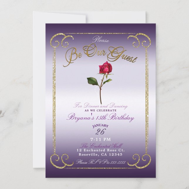 Purple & Gold Red Rose Beauty Birthday Party  Invitation (Front)