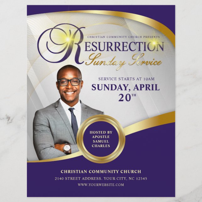 Purple & Gold Resurrection Sunday Service Church Flyer (Front)