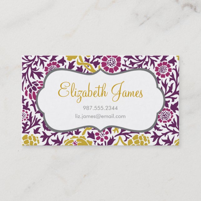 Purple & Gold Retro Floral Damask Business Card (Front)