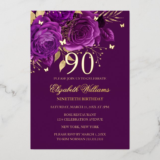 Purple Gold Rose Butterfly 90th Birthday  (Front)