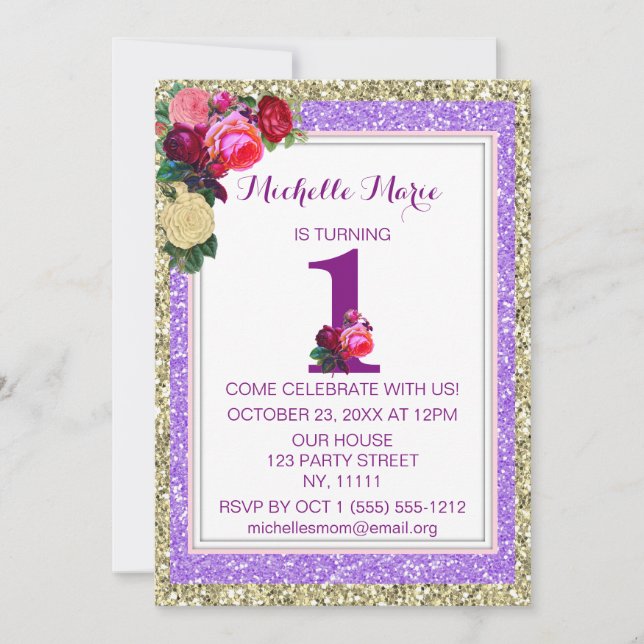 Purple Gold Rose Faux Glitter First Birthday Invitation (Front)