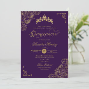 Purple & Gold Roses Elegant Quinceañera Invitation