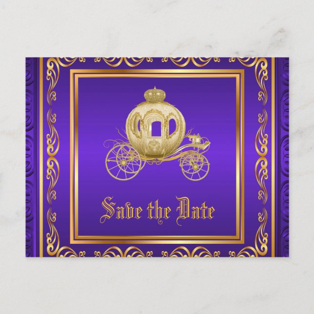 Purple Gold Royal Carriage Save the Date Announcement Postcard (Front)