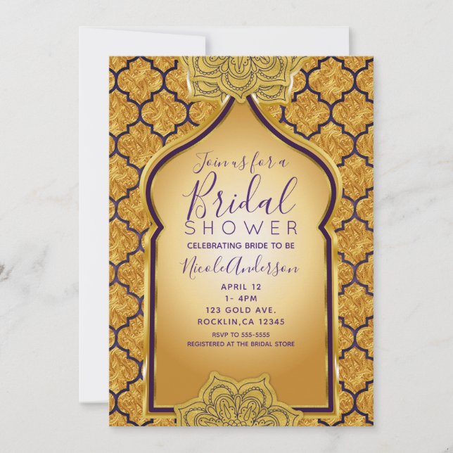 Purple Gold Royal Indian Arabian Bridal Shower Invitation (Front)