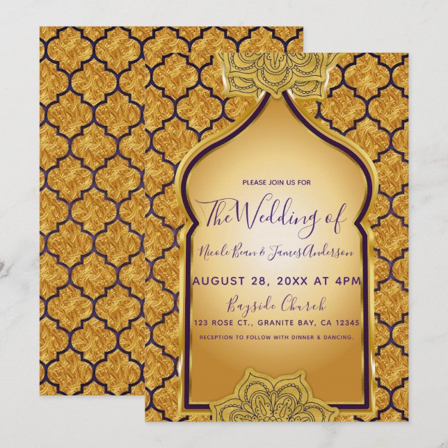 Purple Gold Royal Indian Arabian Theme Wedding Invitation (Front/Back)