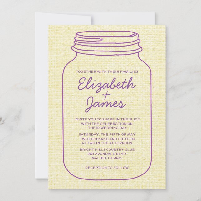 Purple Gold Rustic Mason Jar Wedding Invitations (Front)