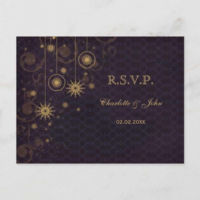 purple gold rustic Snowflakes Winter wedding RSVP Invitation Postcard (Front)