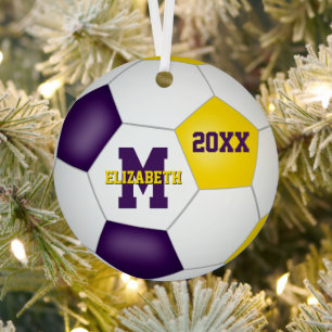 purple gold school club colours keepsake soccer metal tree decoration