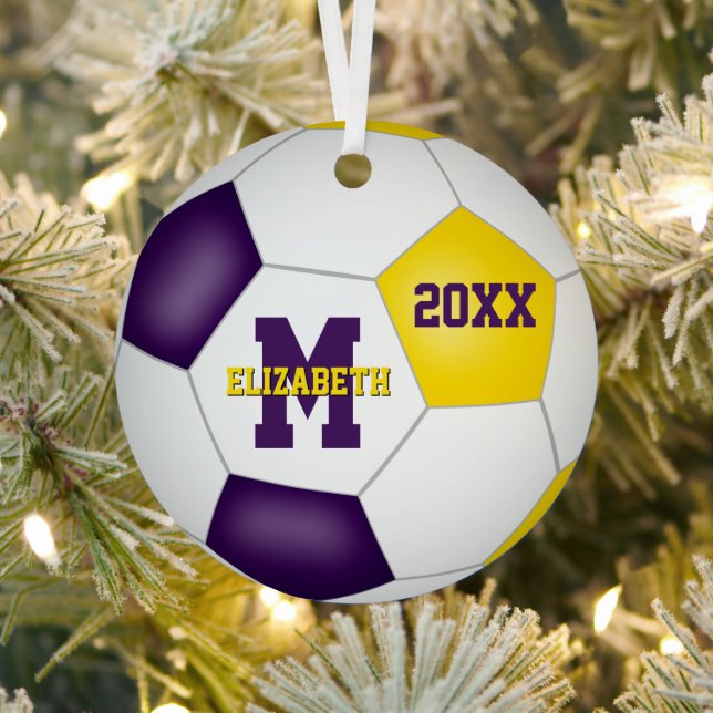 purple gold school club colours keepsake soccer metal tree decoration (Insitu)