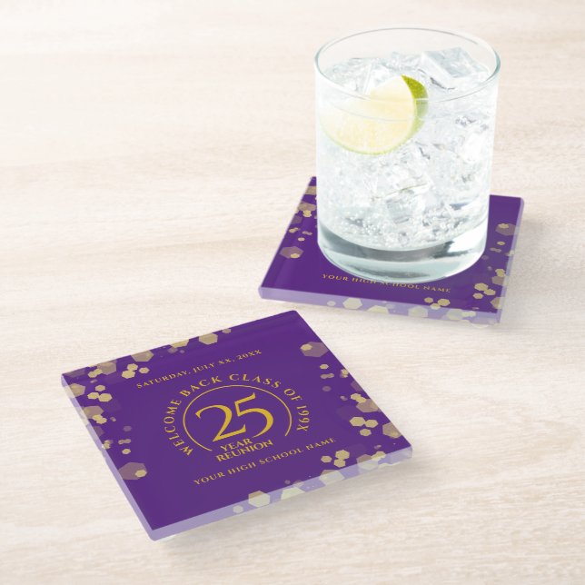 Purple & Gold School College Class Reunion Glass Coaster (Angled)