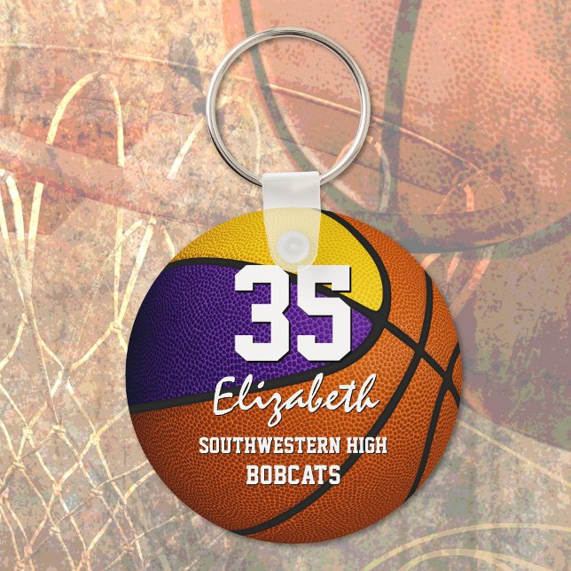 Purple gold school colours girls boys basketball key ring (Creator Uploaded)