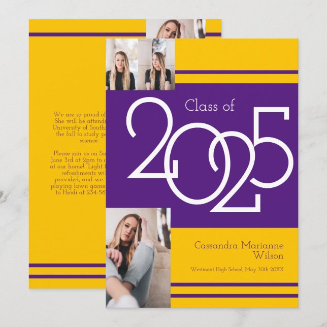 Purple Gold School Colours Graduation Announcement (Front/Back)